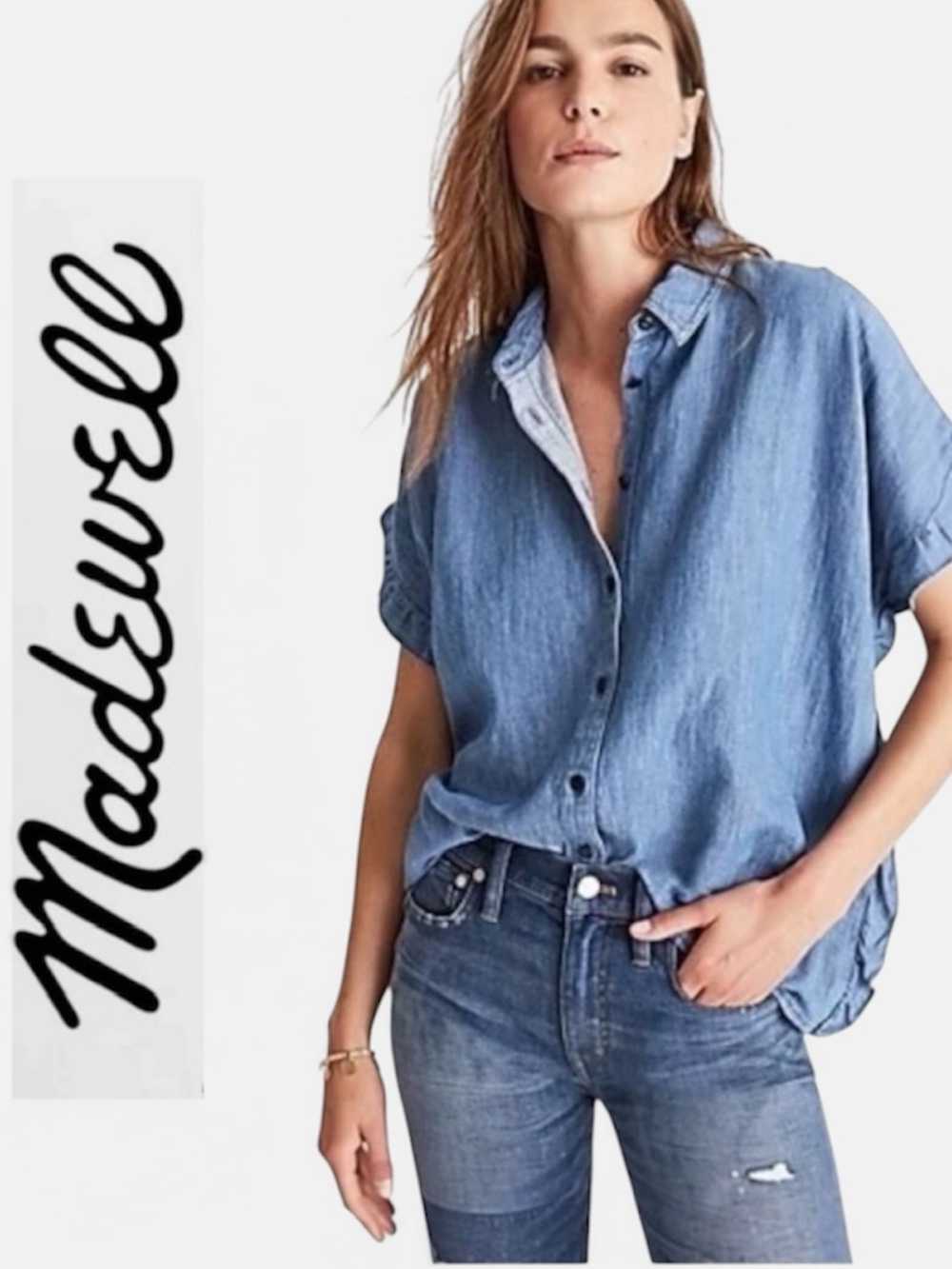 Madewell “Central Shirt” Button-up Linen Blend in Bright Indigo Wash Size Small